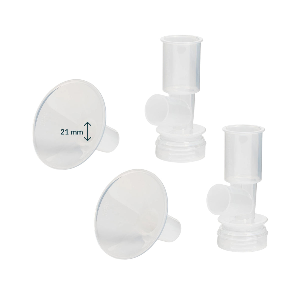 Ameda CustomFit 2-Piece Hard Flange set in 21mm — includes two clear plastic flanges and two universal bases for Ameda breast pumps