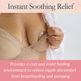 Close-up of a nursing bra with an Ameda ComfortGel HydroGel Pad placed inside, providing instant soothing relief from breastfeeding and pumping nipple discomfort
