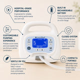 An Amelia Pearl breast pump shown on a soft beige background with six callout circles and text describing features such as hospital-grade performance, rechargeable battery, customizable pumping experience, closed system, gentle on you design, and compact portable size.