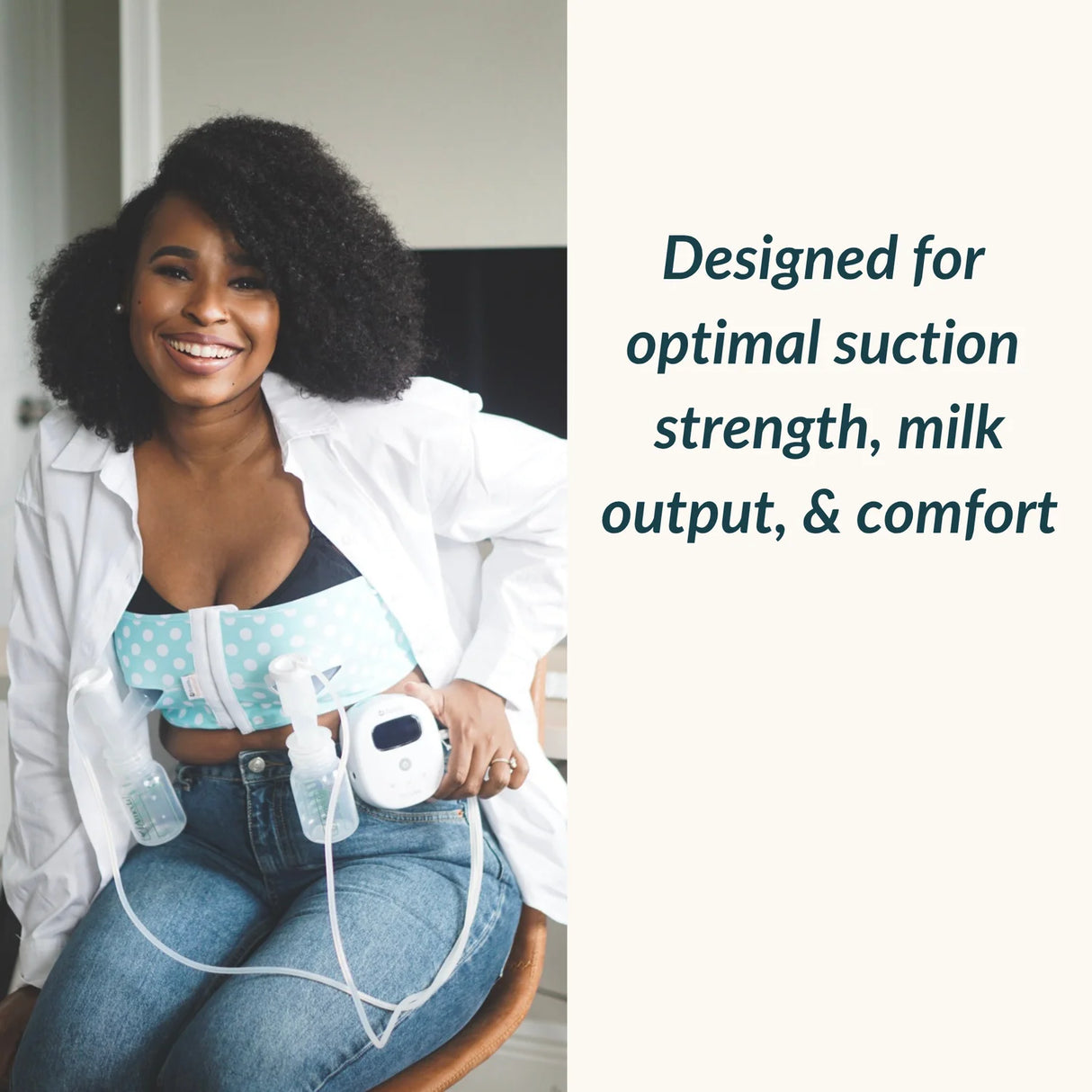 Woman wearing pumping bra with Ameda double pump