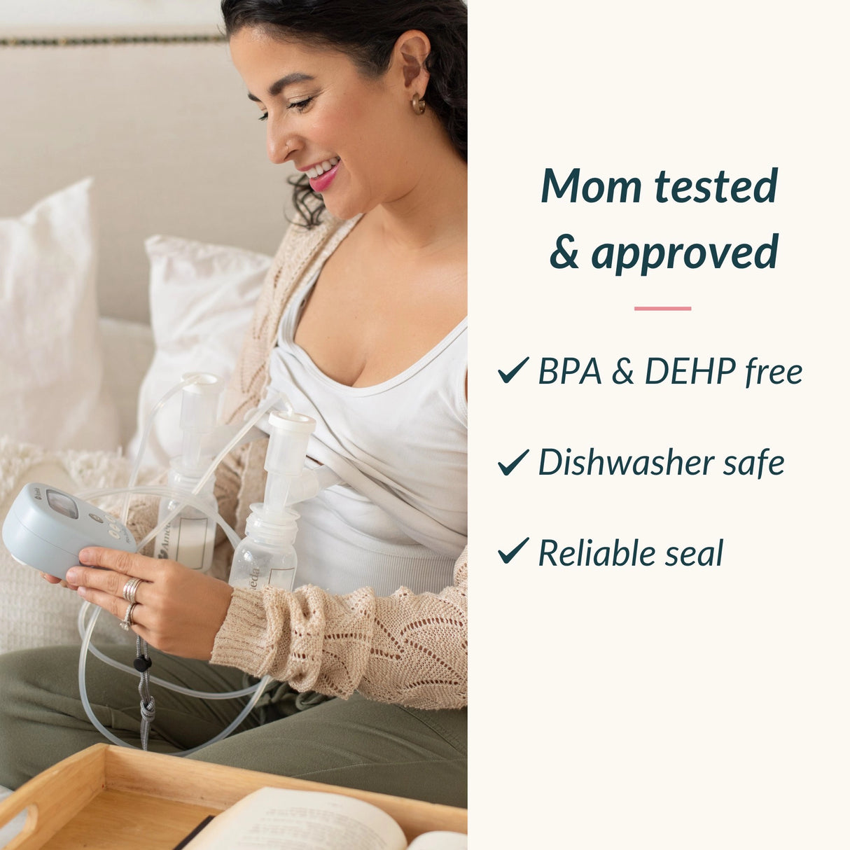 Mother using Ameda Mya Joy PLUS double breast pump with CustomFit flanges — BPA & DEHP free, dishwasher safe, with reliable seal for consistent suction
