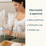 Mother using Ameda Mya Joy PLUS double breast pump with CustomFit flanges — BPA & DEHP free, dishwasher safe, with reliable seal for consistent suction