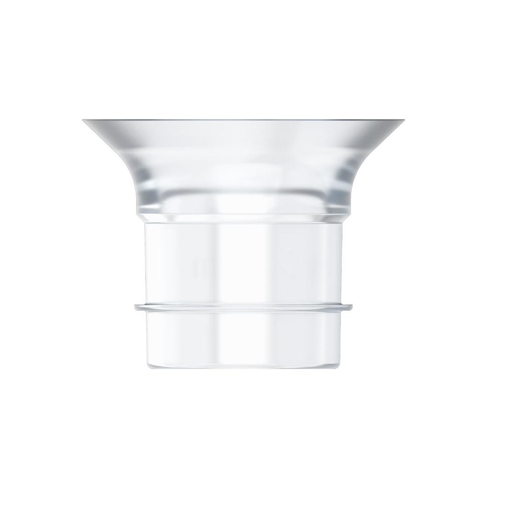 Close-up front view of a transparent Ameda breast pump flange with a wide, flared top and a blue dot marking on the cylindrical base.