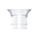 Close-up front view of a transparent Ameda breast pump flange with a wide, flared top and a blue dot marking on the cylindrical base.