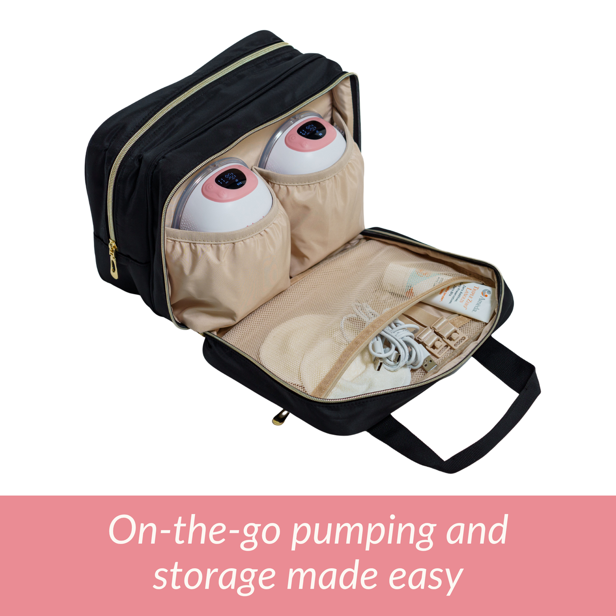 Open black and beige bag with breast pumps and accessories on a white background