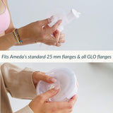 Hands holding a clear plastic component with text about Ameda flanges on a light background