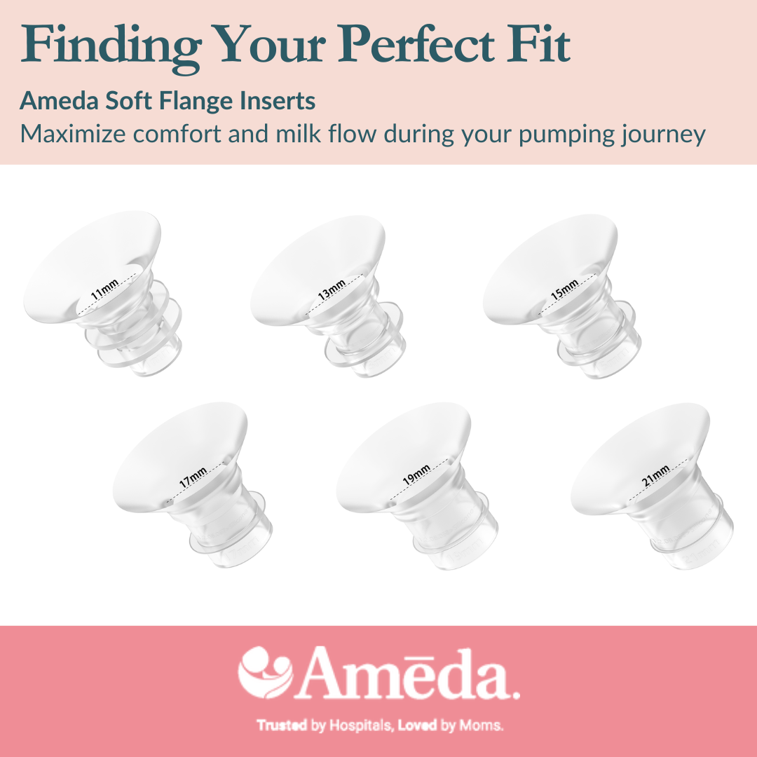 Promotional image for Ameda Soft Flange Inserts showing six clear breast pump inserts in sizes 11mm, 13mm, 15mm, 17mm, 19mm, and 21mm, with text emphasizing comfort and milk flow. Ameda logo and tagline appear at the bottom.