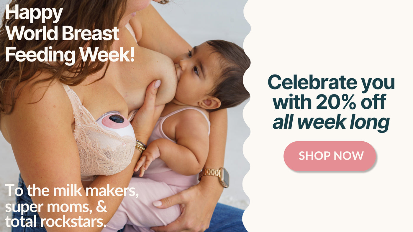 Woman breastfeeding a child with promotional text for World Breastfeeding Week and a 20% off discount offer.