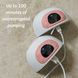 Two Ameda GLO wearable pumps connected to charging cables, illustrating up to 100 minutes of uninterrupted pumping