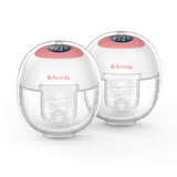 Two Ameda wearable breast pumps with a round, white and clear design, pink top panel, and digital display, designed for hands-free milk expression.