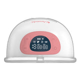 Top view of an Ameda wearable breast pump showing the digital display with icons, timer, and control buttons on a pink interface, attached to the white and clear body of the device.