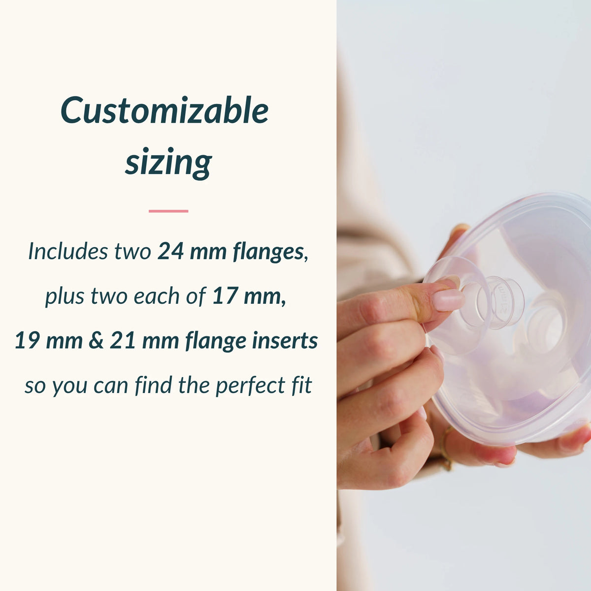 Hands inserting a flange insert into an Ameda GLO breast pump cup to customize flange sizing
