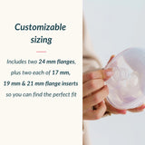 Hands inserting a flange insert into an Ameda GLO breast pump cup to customize flange sizing