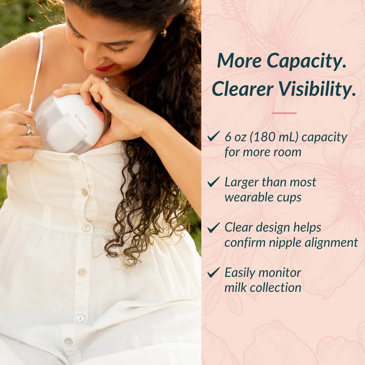 Woman placing Ameda GLO wearable pump inside her top, with checklist of 6 oz capacity and clear design benefits