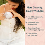 Woman placing Ameda GLO wearable pump inside her top, with checklist of 6 oz capacity and clear design benefits