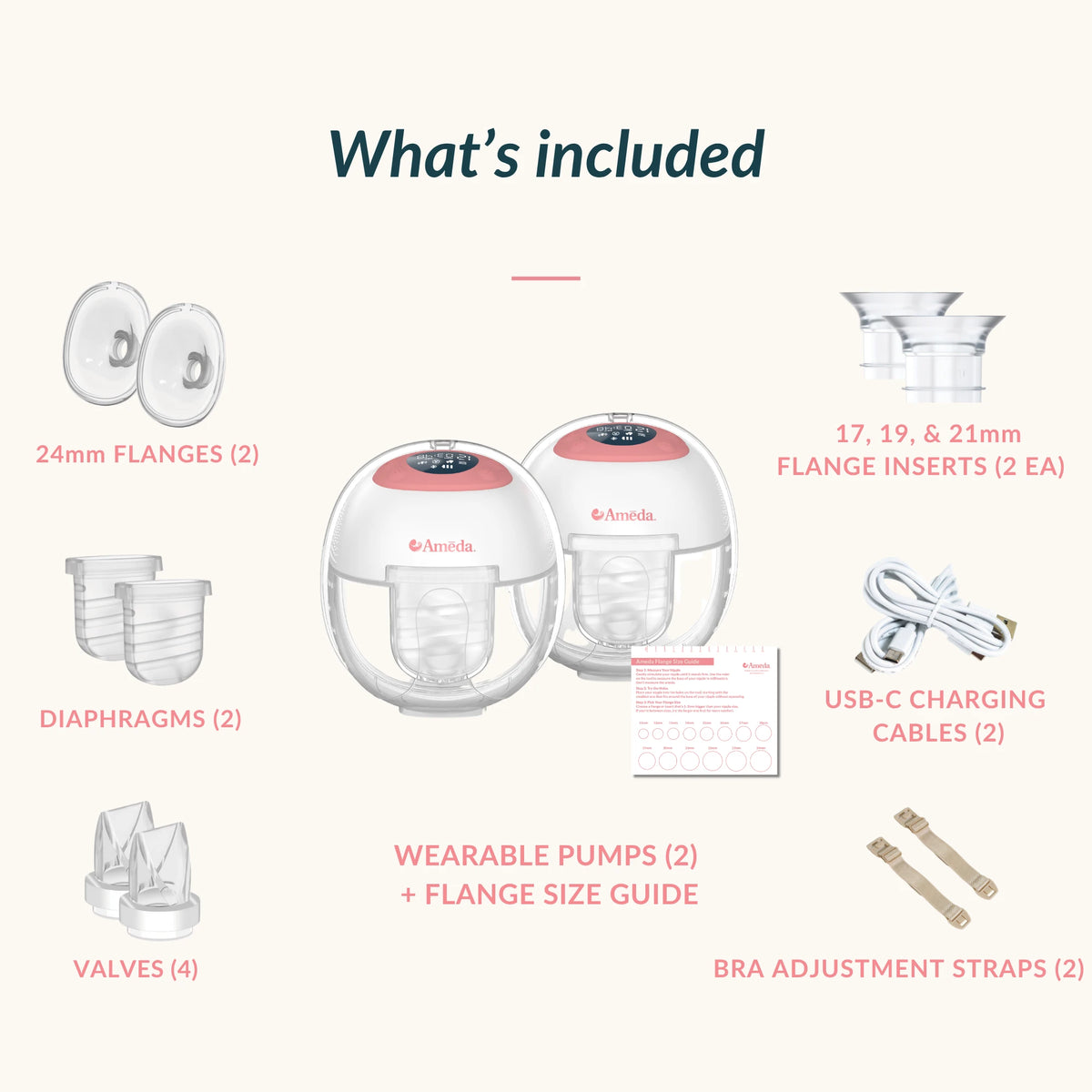 Product contents flat lay of the Ameda GLO breast pump kit — flanges, diaphragms, valves, flange inserts, charging cables, and bra straps