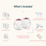 Product contents flat lay of the Ameda GLO breast pump kit — flanges, diaphragms, valves, flange inserts, charging cables, and bra straps