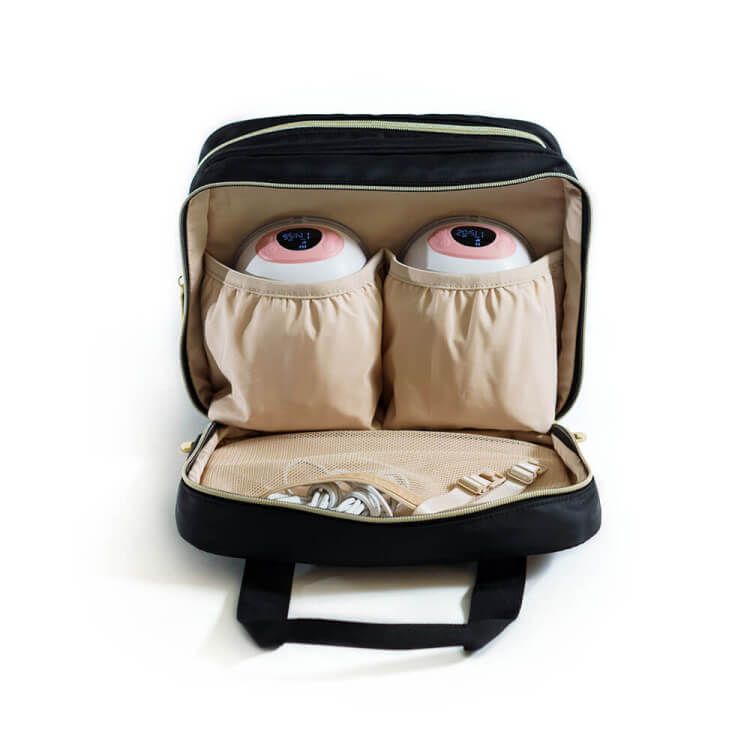Open black bag revealing two electronic devices in beige pockets and a compartment with cables.