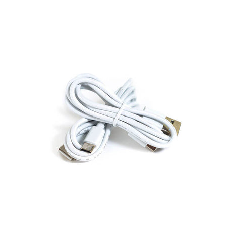 Coiled white USB cable with a micro-USB connector.