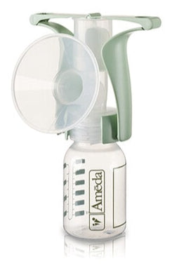 A breast pump with a white and green design. The device features a circular flange attached to a clear plastic dome on top, which connects to a transparent bottle below. The bottle has measuring marks and the brand name "Amameda" visibly displayed. The overall shape is ergonomic, emphasizing ease of use for breastfeeding mothers.