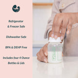 Close-up of a woman capping an Ameda bottle filled with milk, next to text listing product features like safety and included items.