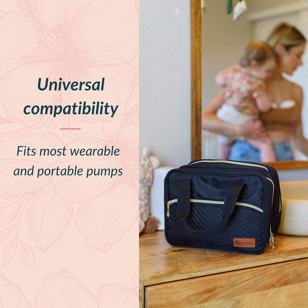 Navy blue carrying case for breast pumps on a wooden surface with a pink background and text about compatibility.