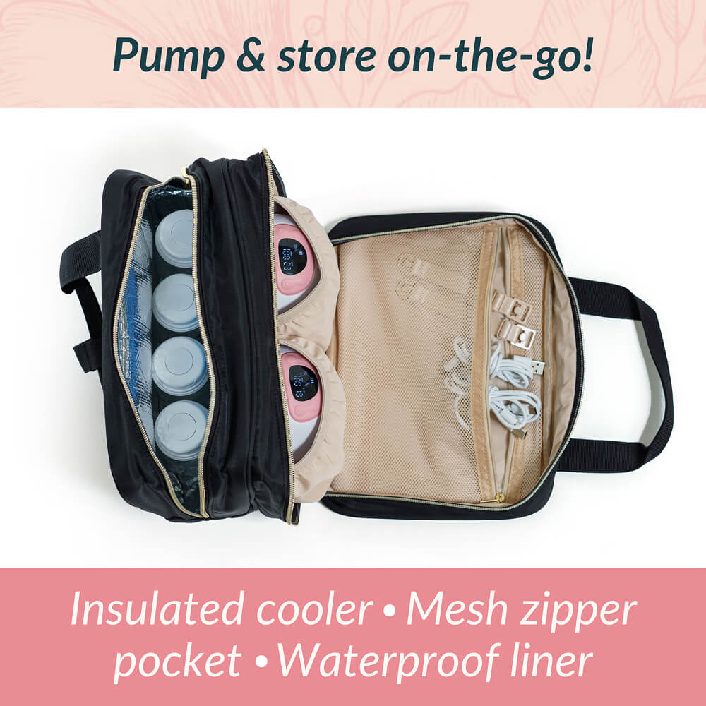 Open insulated cooler bag with mesh zipper pocket and waterproof liner on a light pink background.