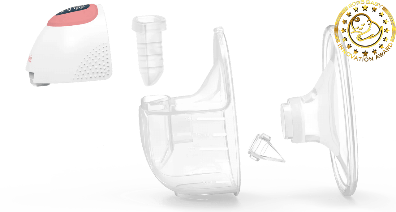 Breast pump parts displayed with an award badge, highlighting innovative baby product design.