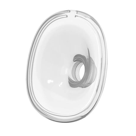 Transparent, oval-shaped plastic or glass mask with a central circular opening.