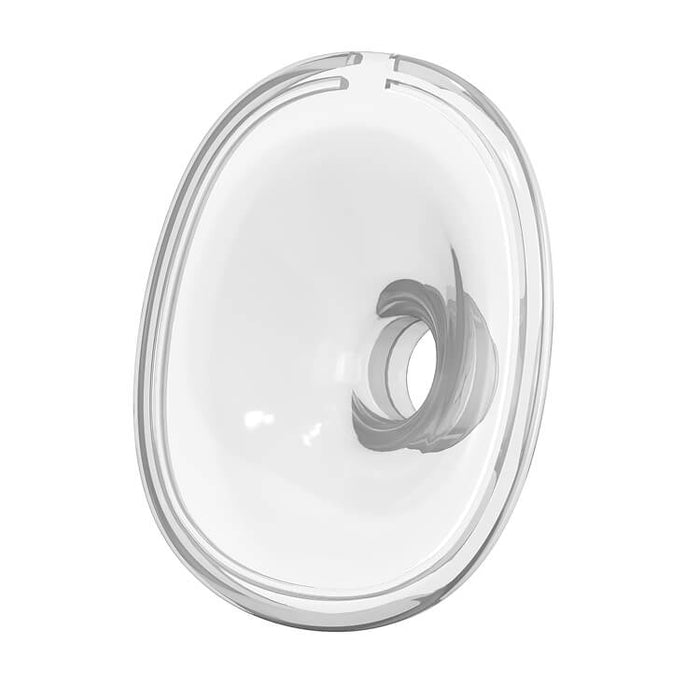 Transparent, oval-shaped plastic or glass mask with a central circular opening.
