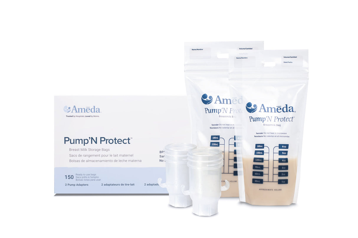 A product image featuring Ameda Pump'N Protect breast milk storage bags. The packaging includes a white box labeled "Ameda Pump'N Protect" with the text "Breast Milk Storage Bags" in multiple languages. The box contains 150 bags and two white pump adapters. Two clear breast milk storage bags are displayed upright, showing measurement markings for volume in ounces and milliliters. The bags are partially filled with a light beige liquid, representing breast milk.