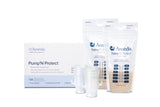 A product image featuring Ameda Pump'N Protect breast milk storage bags. The packaging includes a white box labeled "Ameda Pump'N Protect" with the text "Breast Milk Storage Bags" in multiple languages. The box contains 150 bags and two white pump adapters. Two clear breast milk storage bags are displayed upright, showing measurement markings for volume in ounces and milliliters. The bags are partially filled with a light beige liquid, representing breast milk.