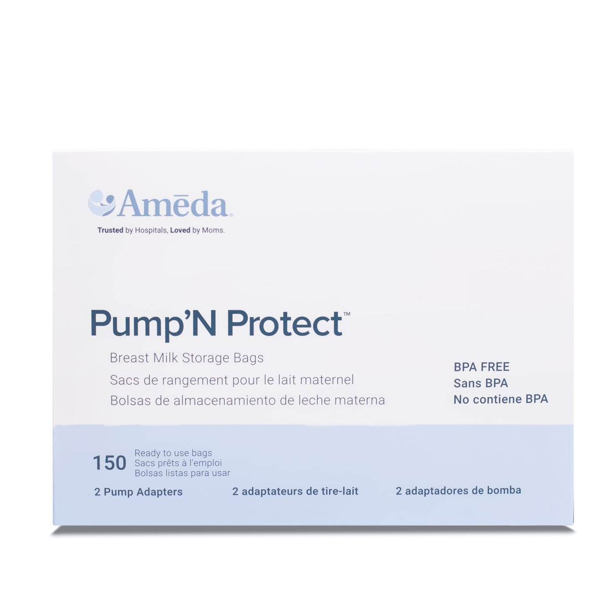 A white box labeled "Ameda Pump'N Protect" in blue letters. The box contains breast milk storage bags, indicated by the text "Breast Milk Storage Bags" and additional phrases in French and Spanish. It mentions "150 Ready to use bags" and features the text "BPA Free" along with illustrations for pump adapters. The overall design is clean and simple, with no additional images or graphics.
