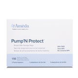 A white box labeled "Ameda Pump'N Protect" in blue letters. The box contains breast milk storage bags, indicated by the text "Breast Milk Storage Bags" and additional phrases in French and Spanish. It mentions "150 Ready to use bags" and features the text "BPA Free" along with illustrations for pump adapters. The overall design is clean and simple, with no additional images or graphics.