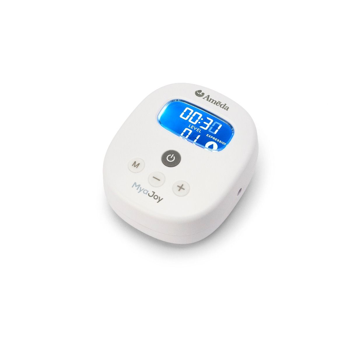 Ameda MyaJoy breast pump control unit. The device is compact and white with a blue LCD display that shows a timer reading "00:30" and a level display labeled "0". Below the screen, there are three buttons: a power button, a minus button, and a plus button, allowing for adjustments. The design is sleek, with rounded edges, and can fit comfortably in a hand.