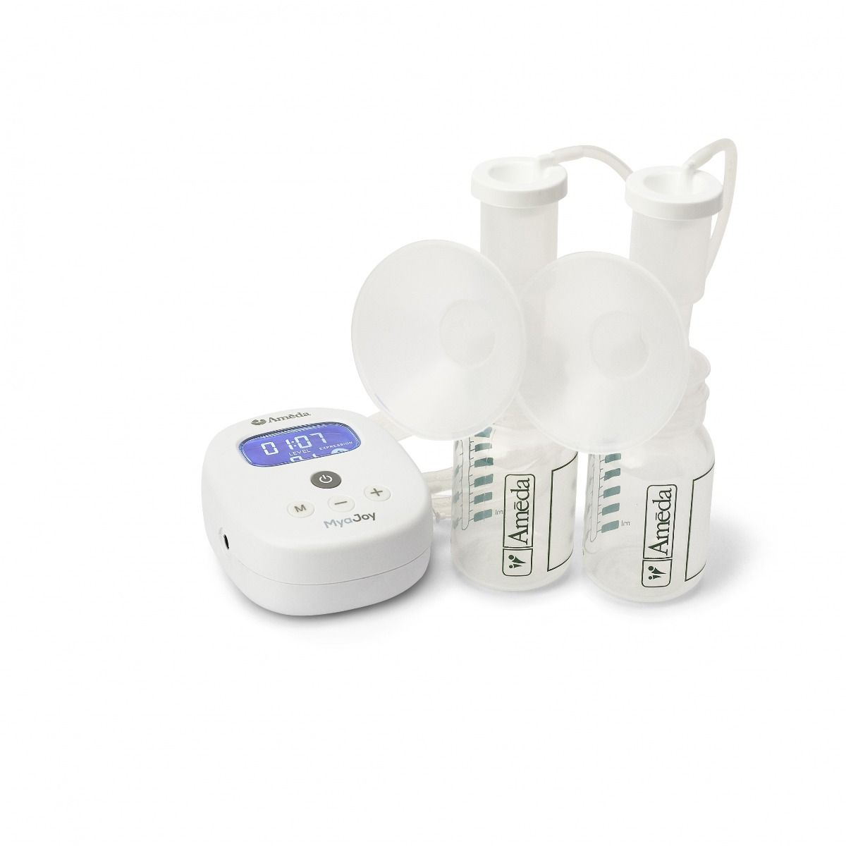 A breast pump is shown, consisting of a white electronic unit with a digital timer display, labeled "Ameda MyAmeda," and two clear collection bottles. Each bottle has a white funnel-shaped attachment on top, connected by tubes to the base unit. The timer shows a countdown of 1 hour and 7 minutes. The overall setup is compact and designed for breast milk expression.