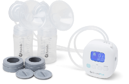 Ameda MYA Portable Hospital Strength Breast Pump with Small Tote White Freezer-Safe Storage Bottles Includes 24mm Flanges and a Built-in Rechargeable Battery 